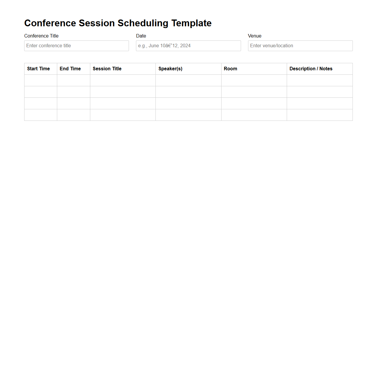 Standard Conference Session Scheduling Template