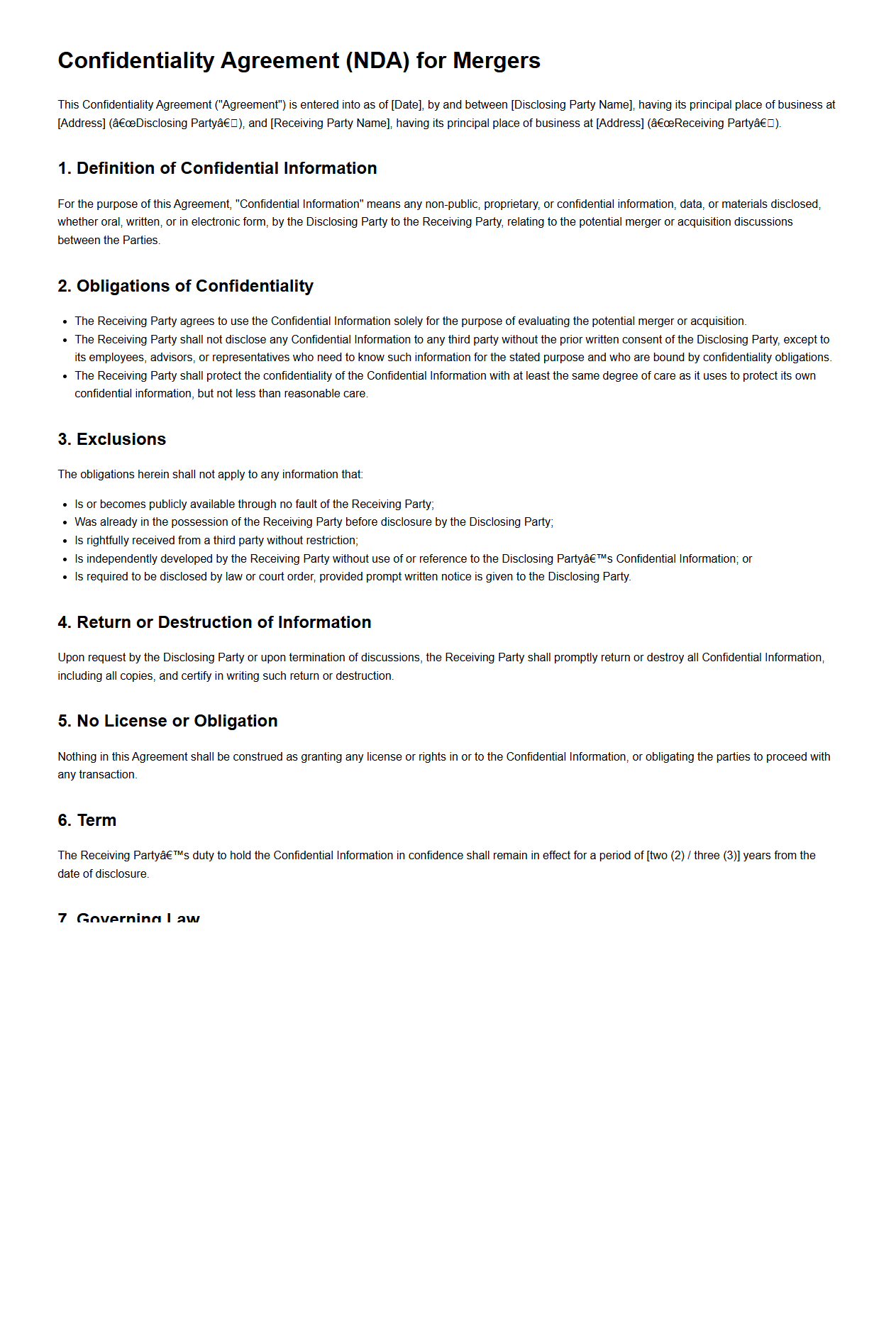 Standard Confidentiality Agreement Template for Mergers