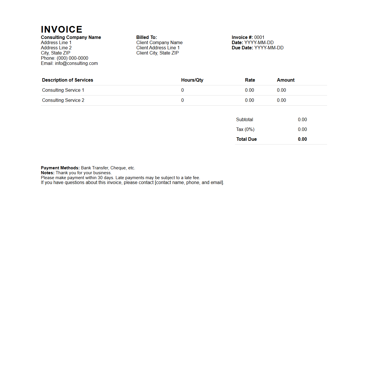 Standard Consulting Invoice Template for Service Billing
