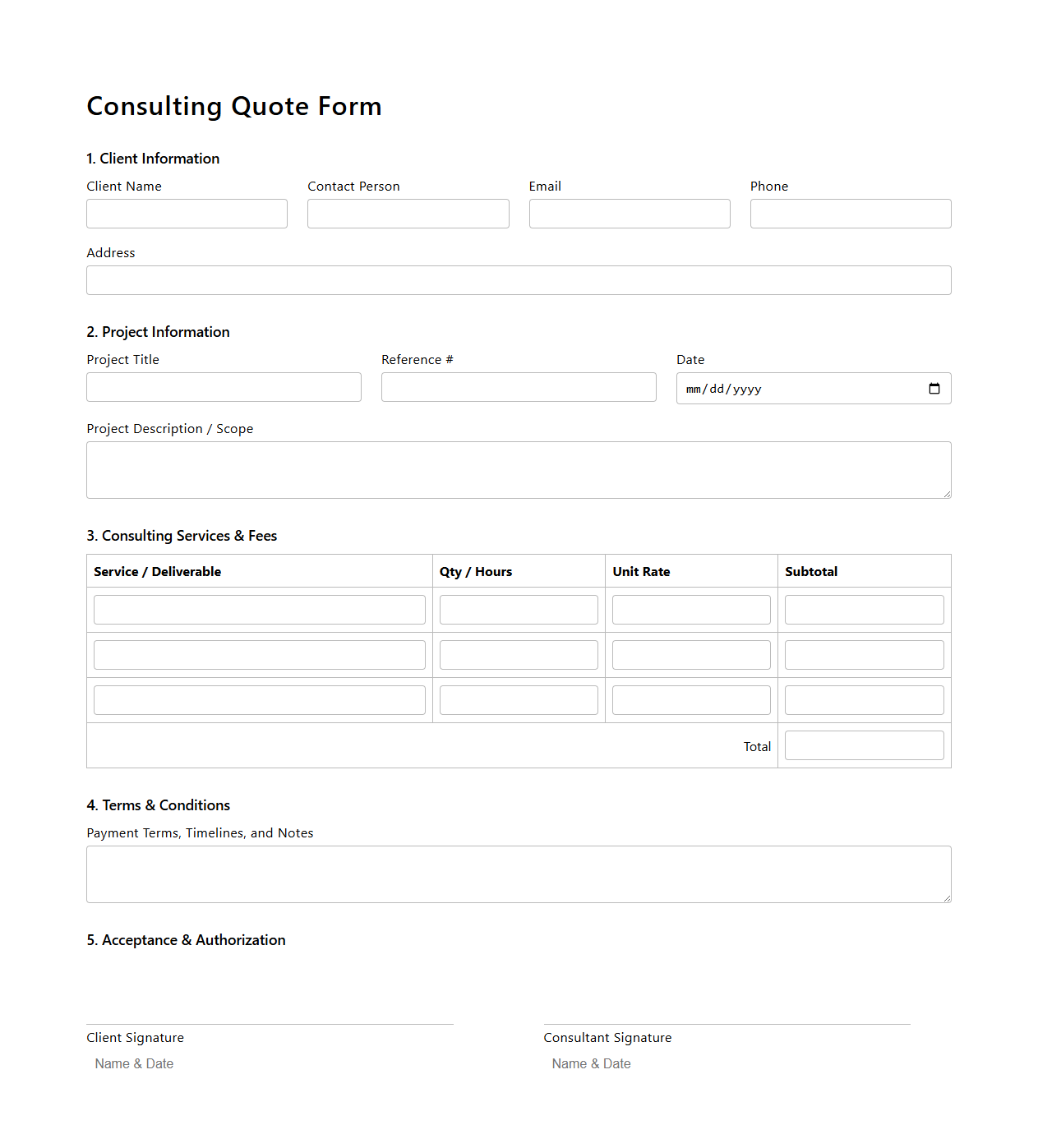 Standard Consulting Quote Form for Client Engagements
