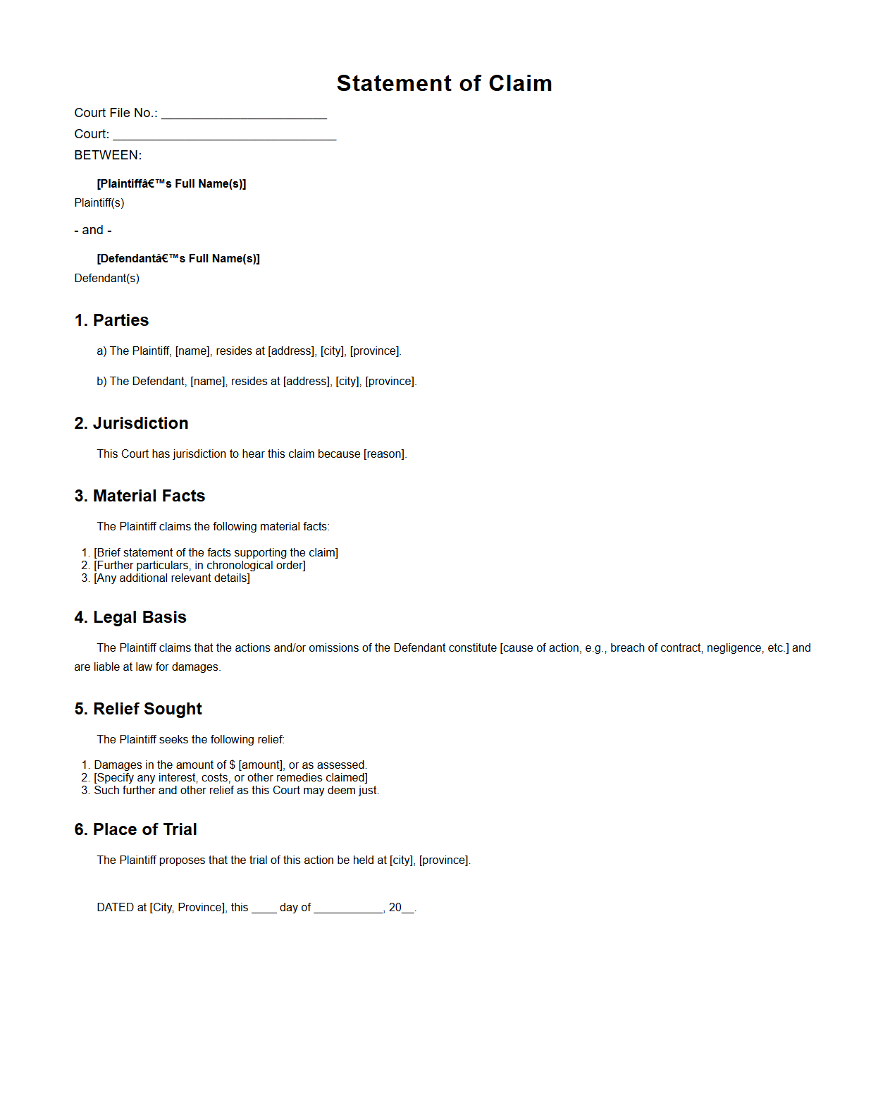 Standard Legal Statement of Claim Outline