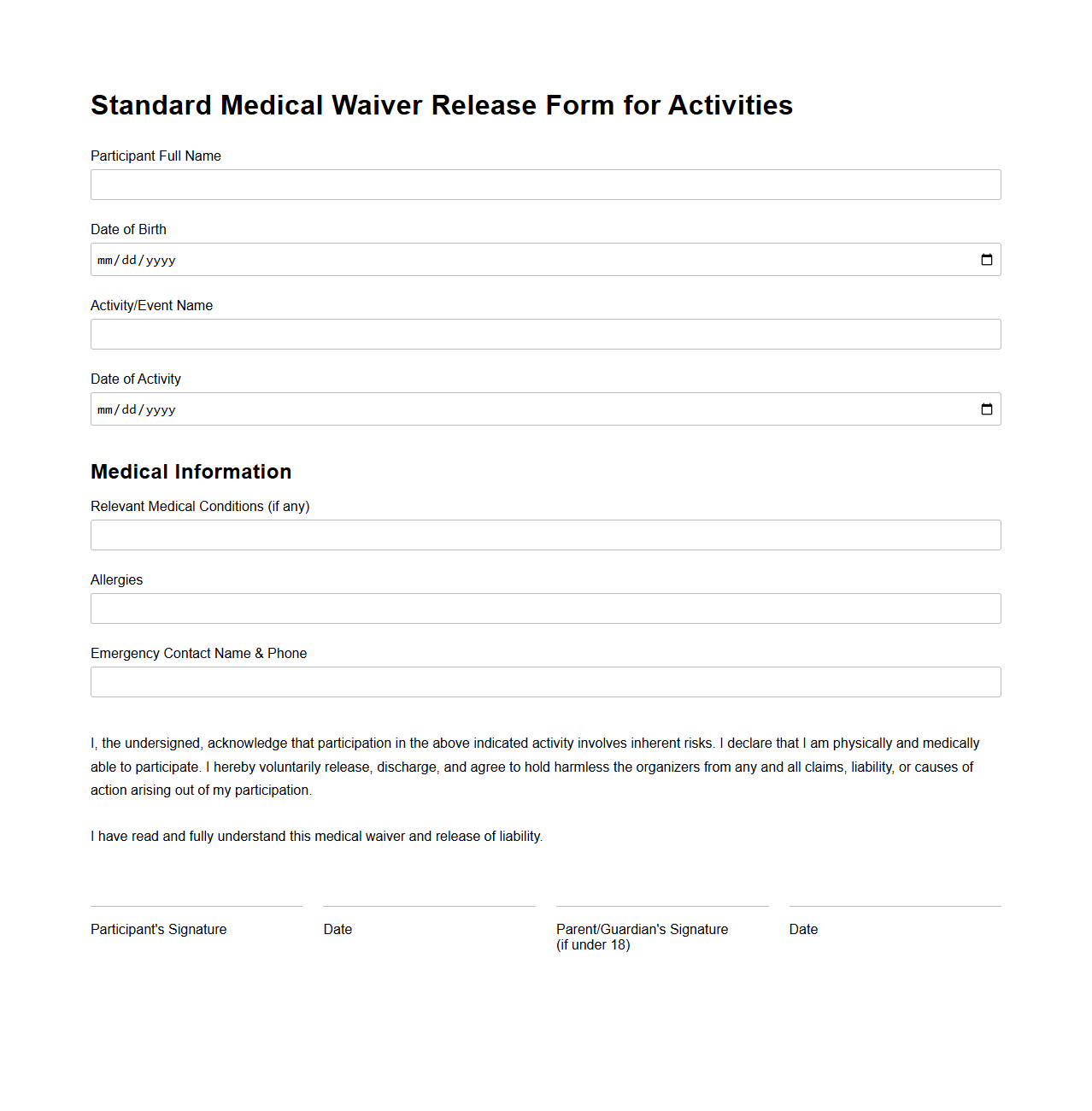 Standard Medical Waiver Release Form for Activities