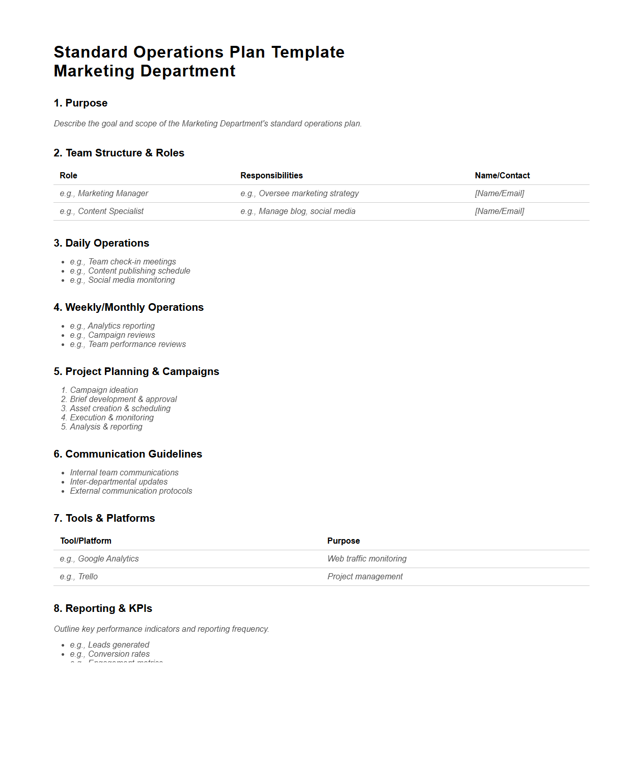 Standard Operations Plan Template for Marketing Department