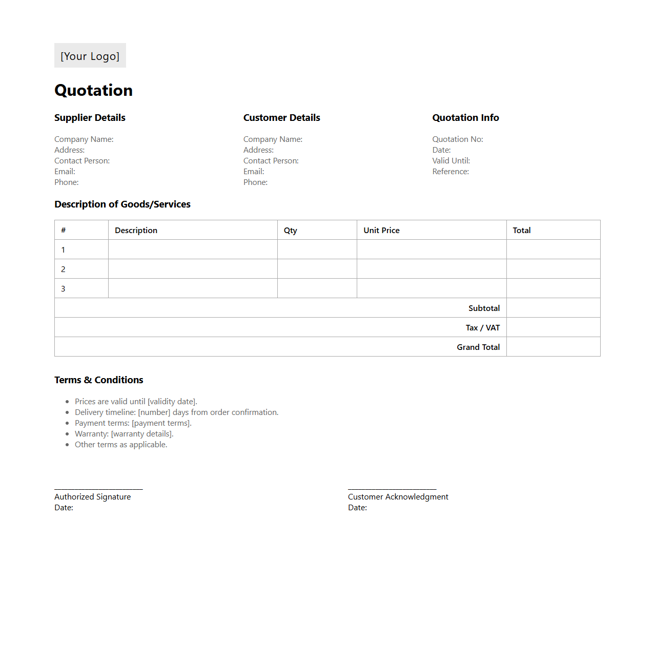 Standard Quotation Template for Suppliers