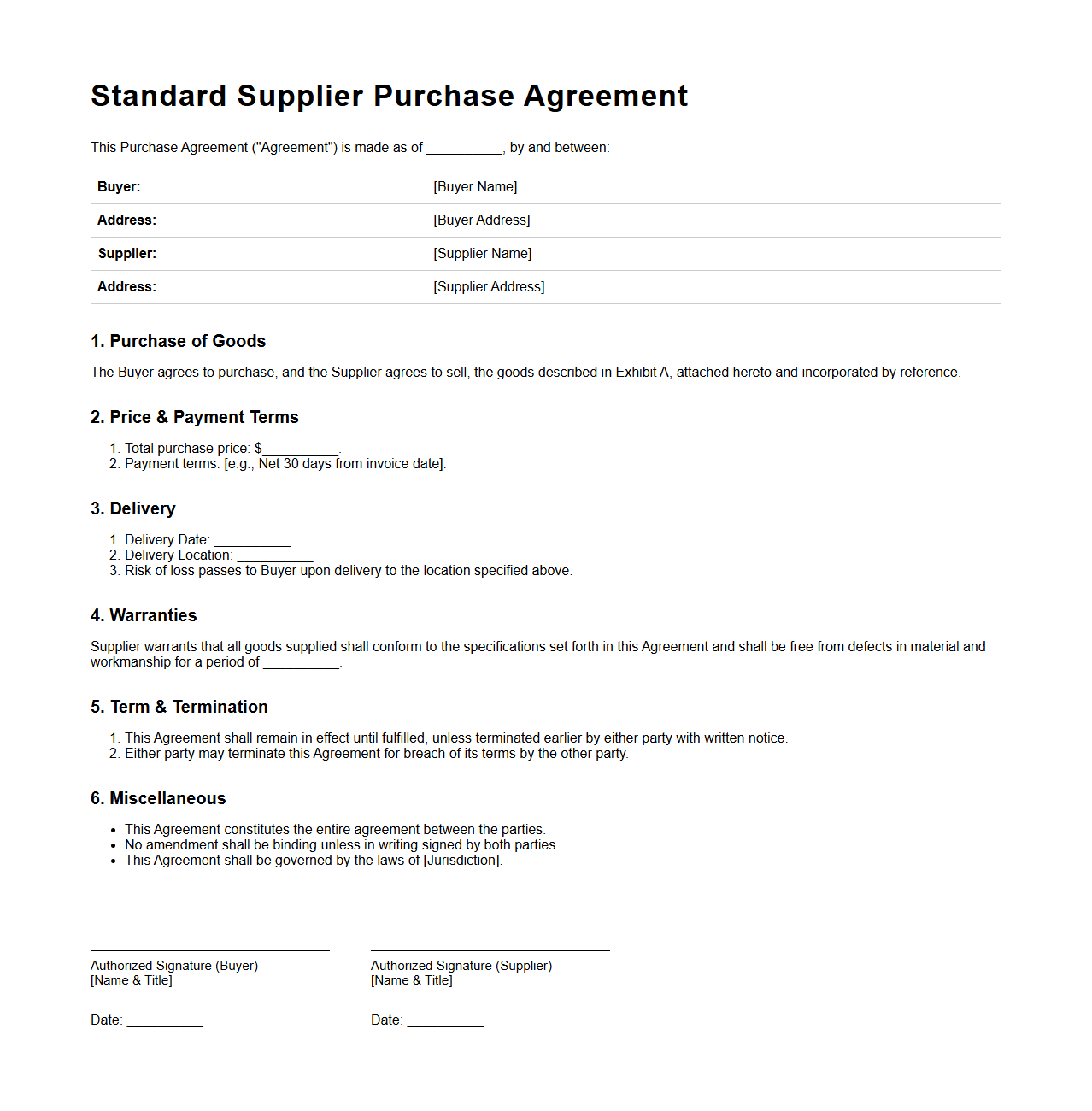 Standard Supplier Purchase Agreement Layout