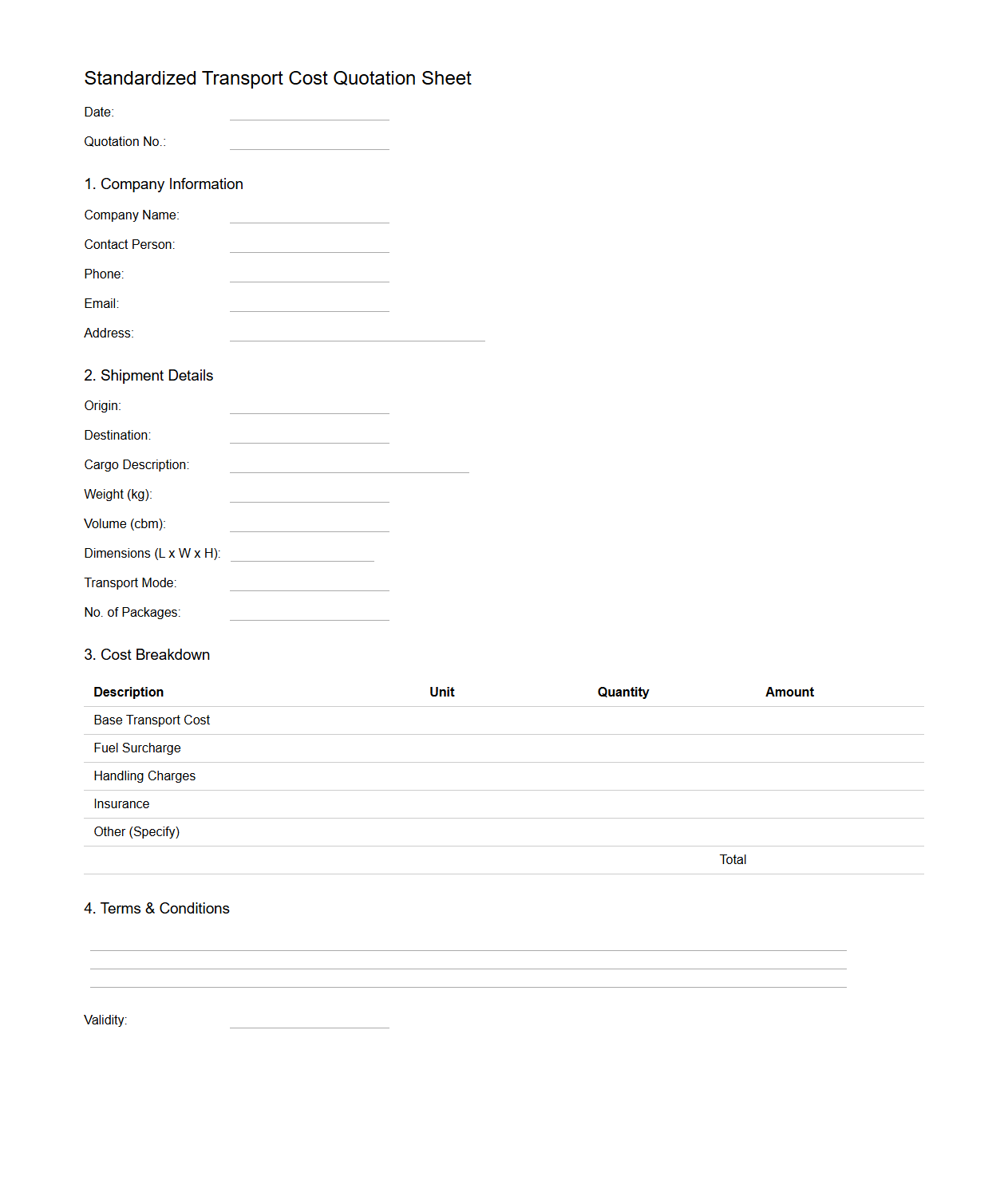 Standardized Transport Cost Quotation Sheet