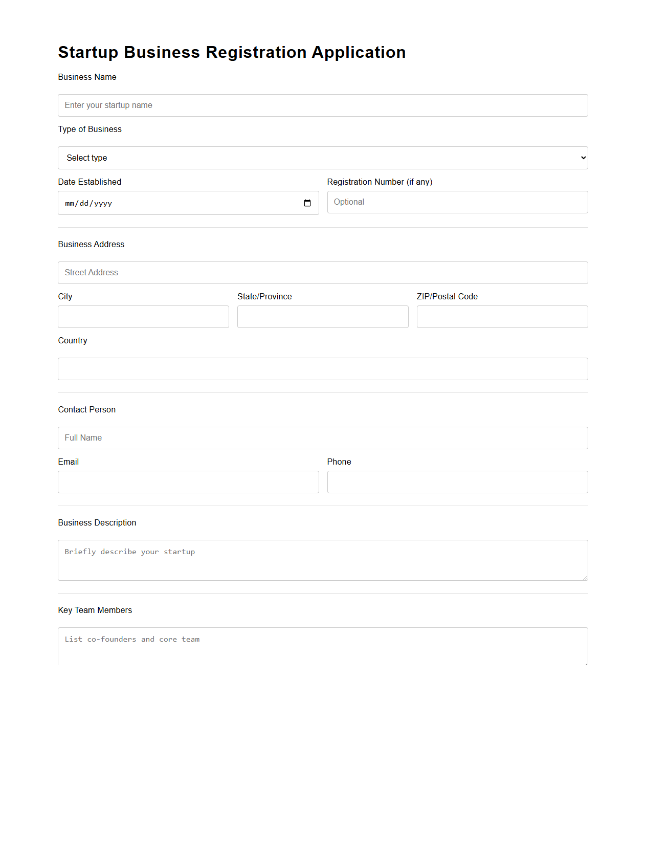 Startup Business Registration Application Template