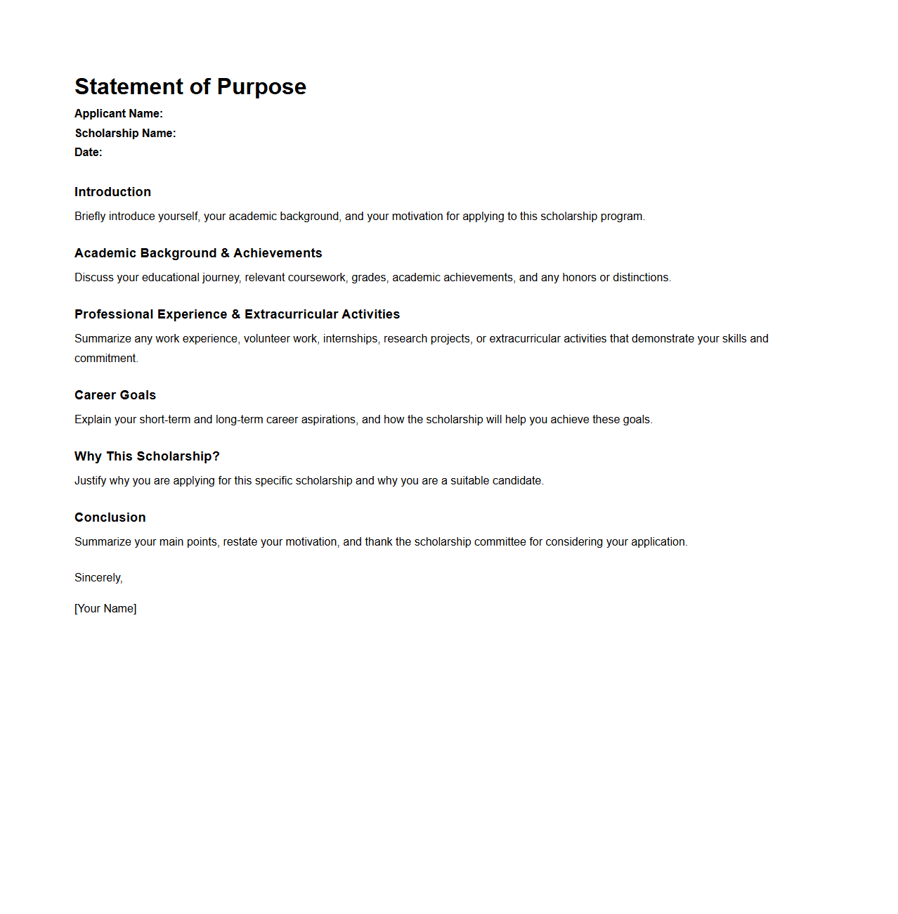 Statement of Purpose Template for Scholarship Committees