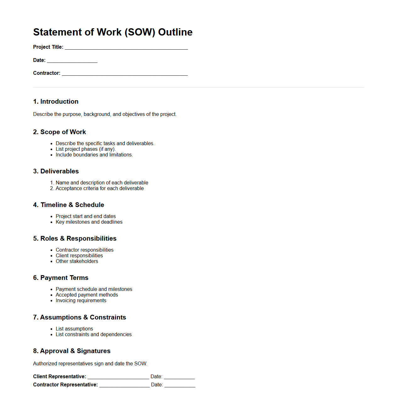 Statement of Work Outline for Project Contractors