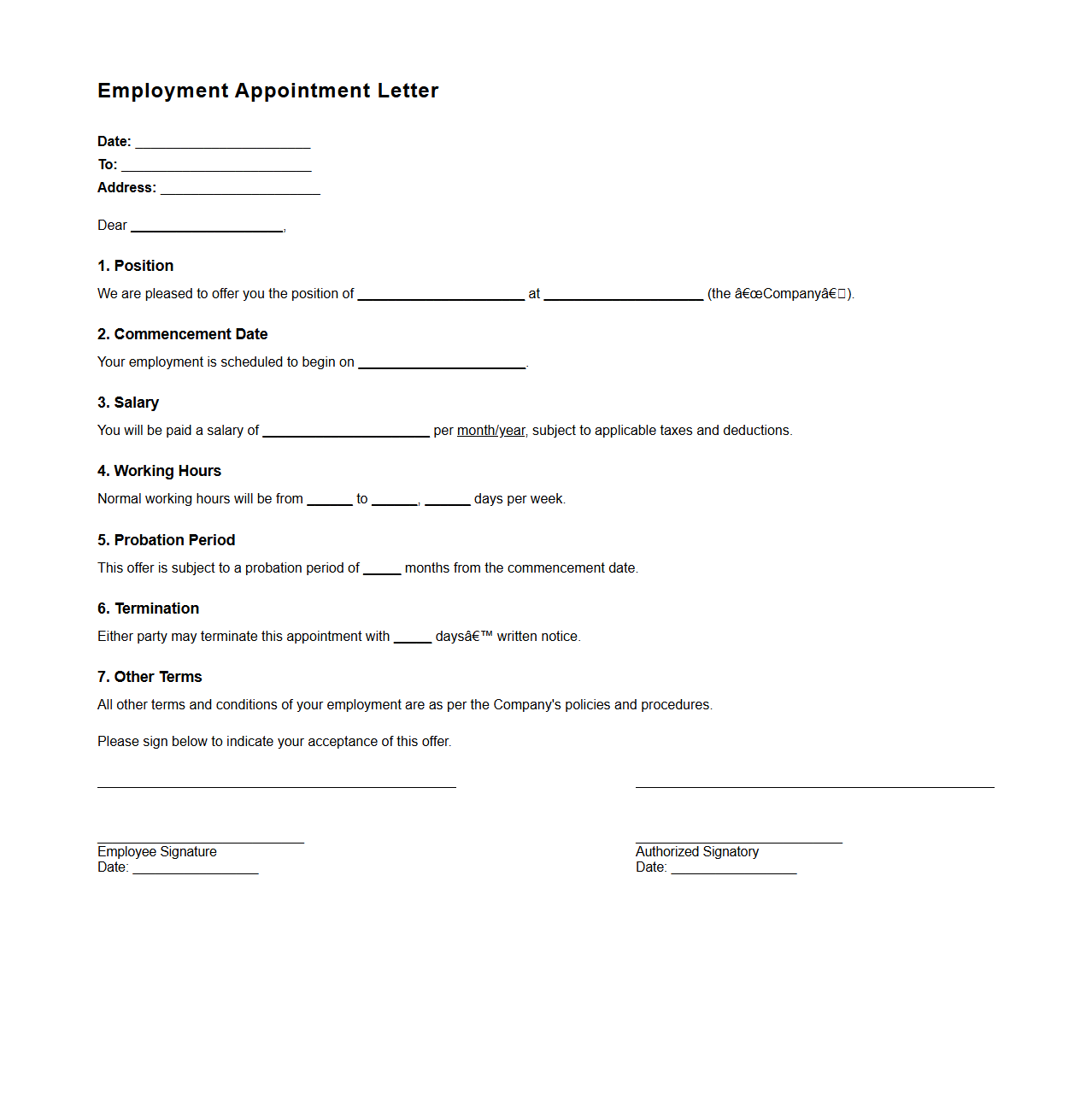 Straightforward Employment Appointment Letter Mold