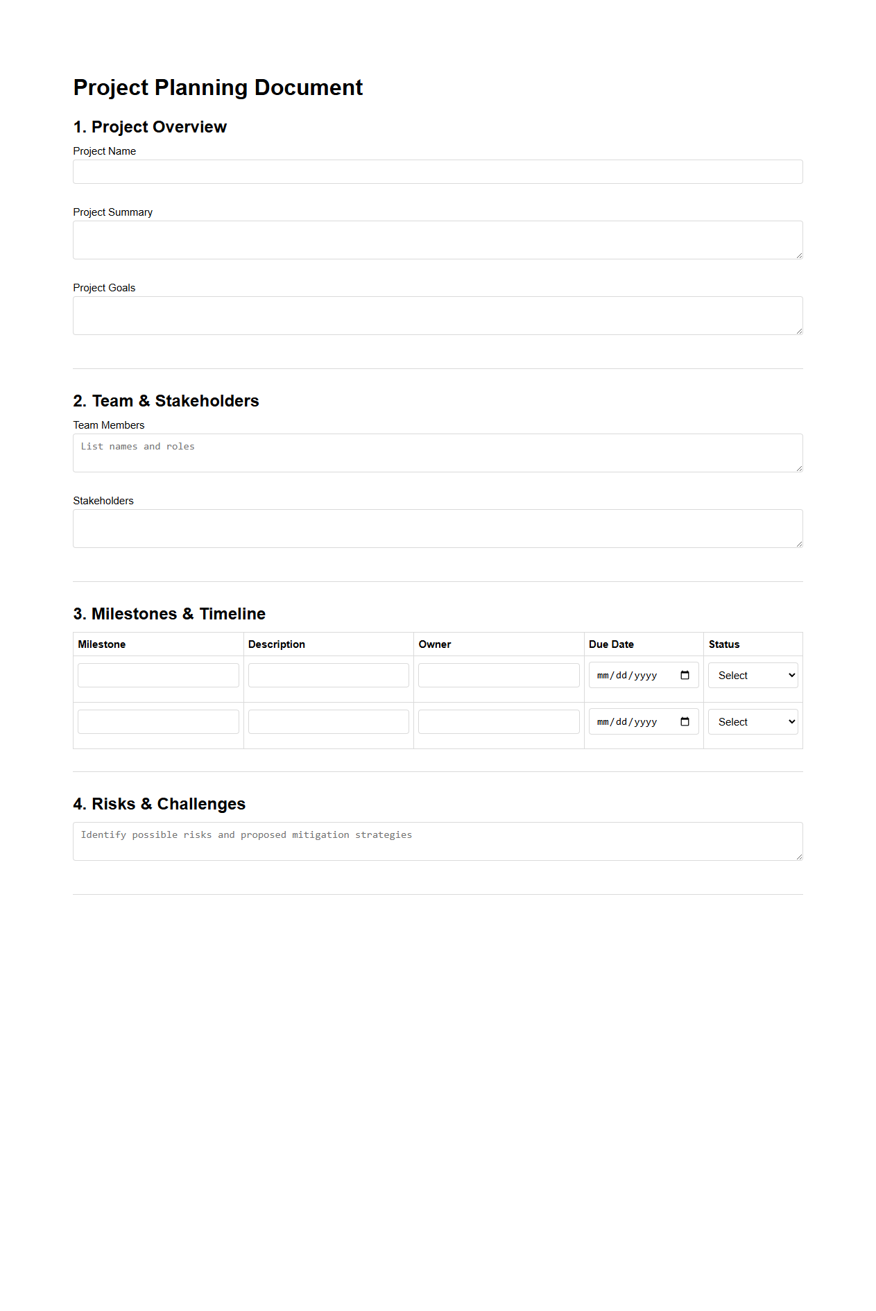 Structured Project Planning Layout for Teams