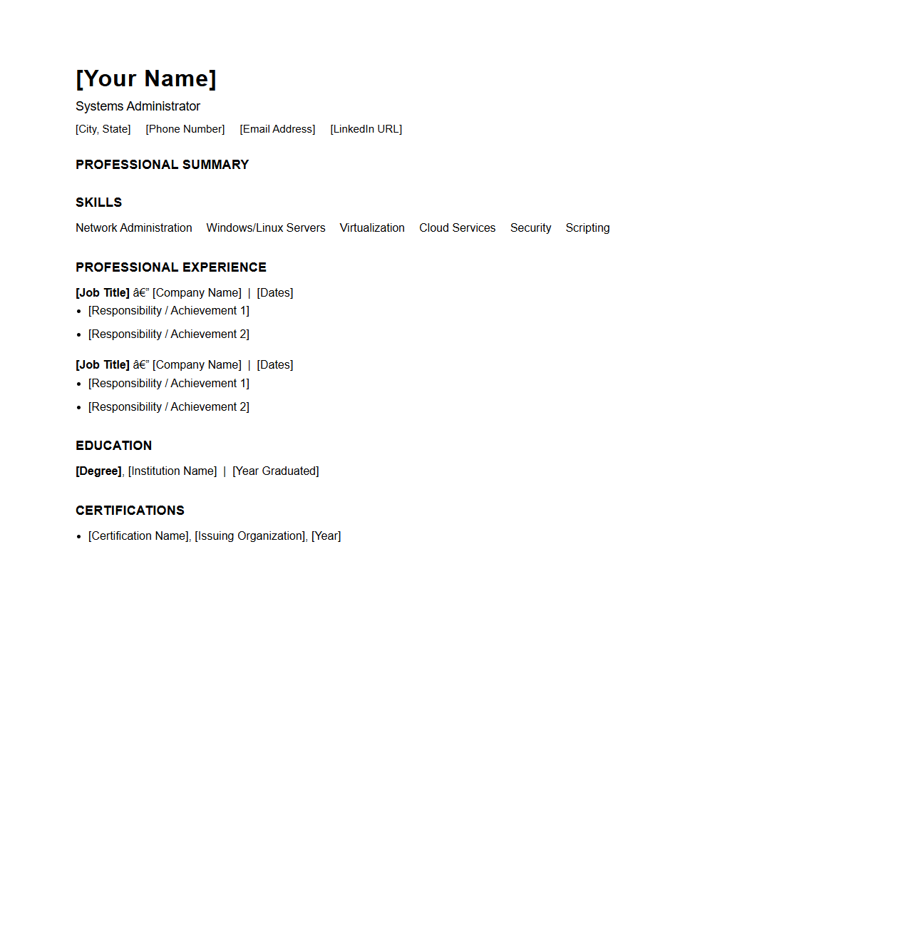 Systems Administrator Blank Resume Design