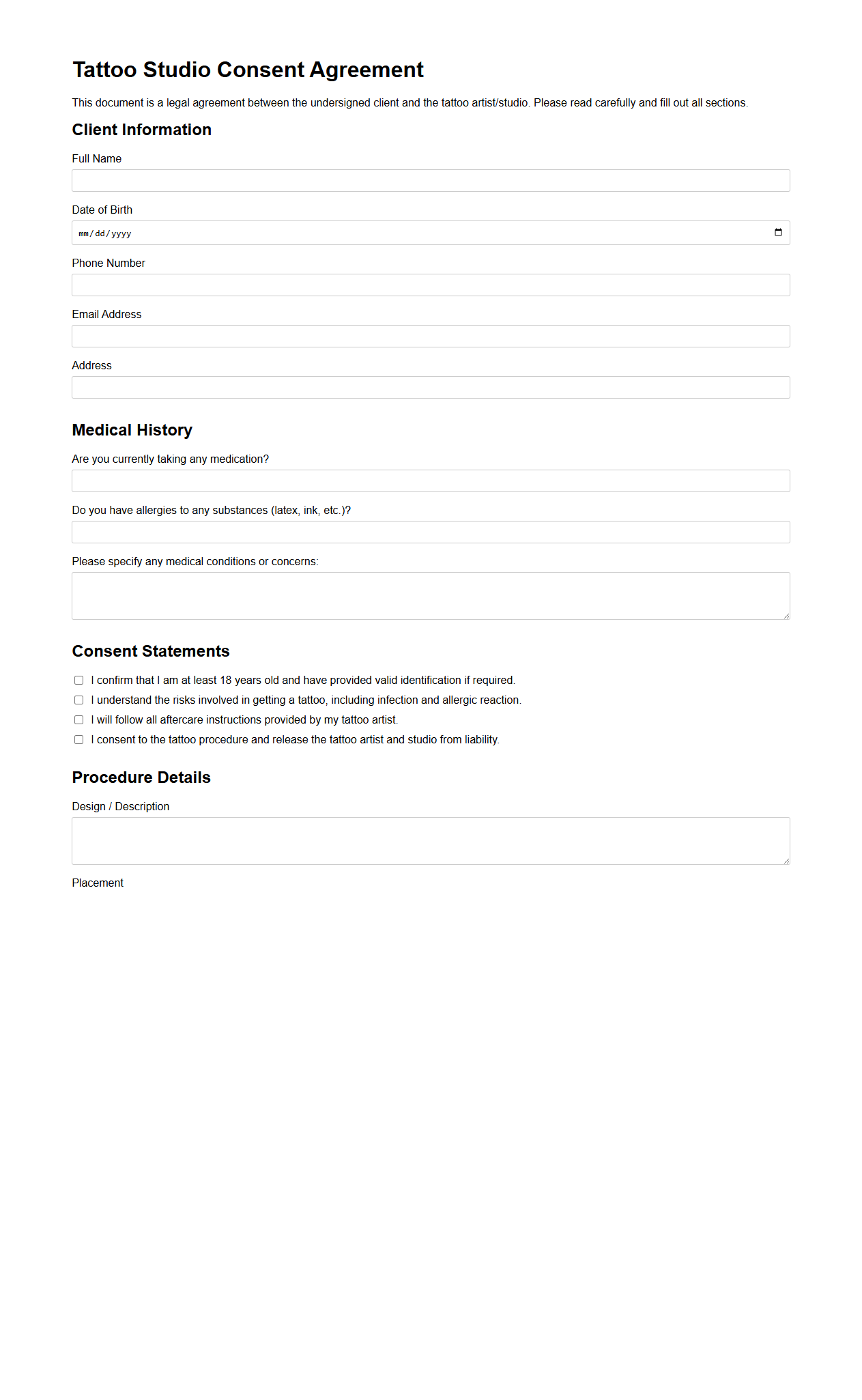 Tattoo Studio Consent Agreement Template