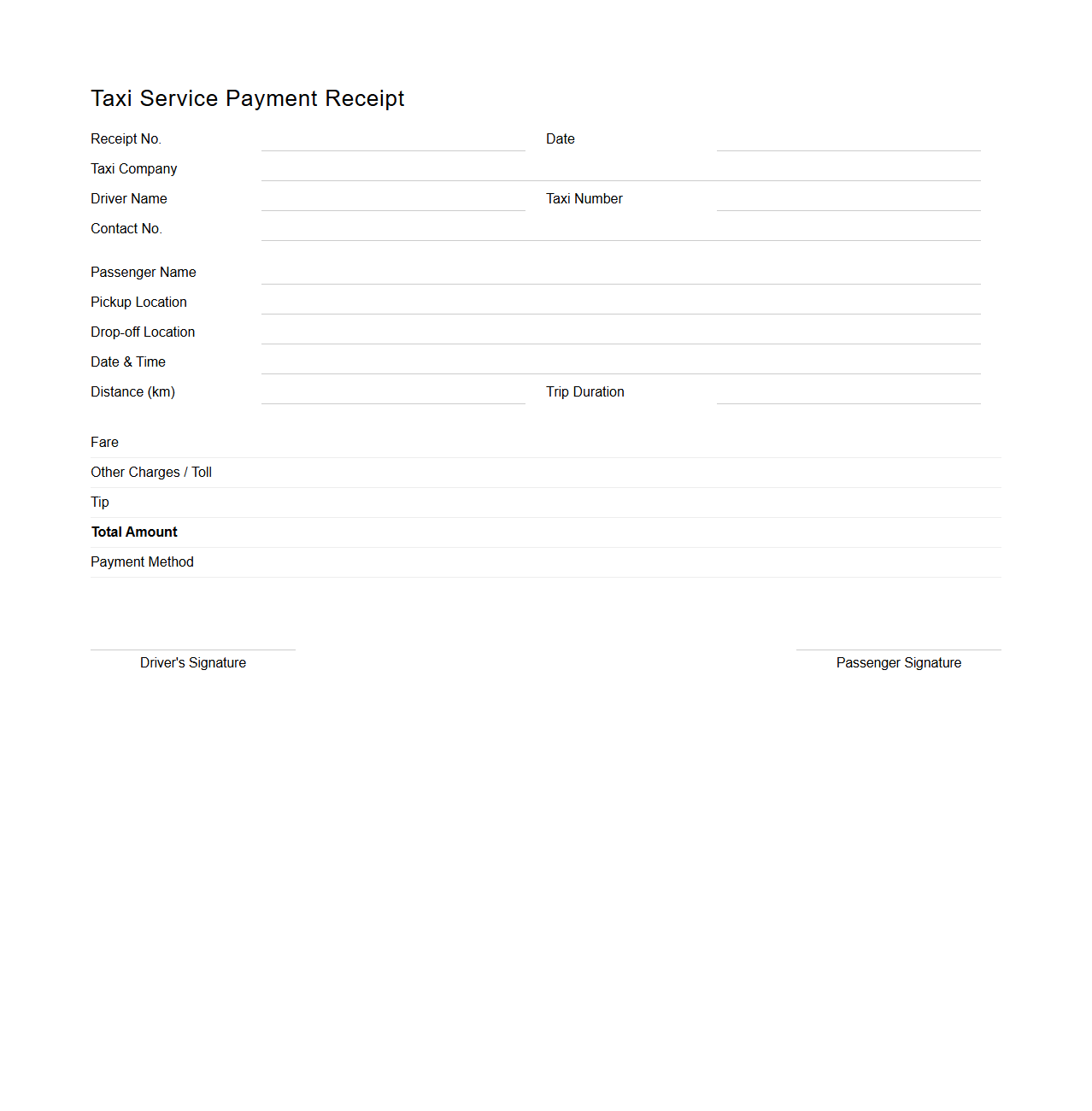 Taxi Service Payment Receipt Blank Template