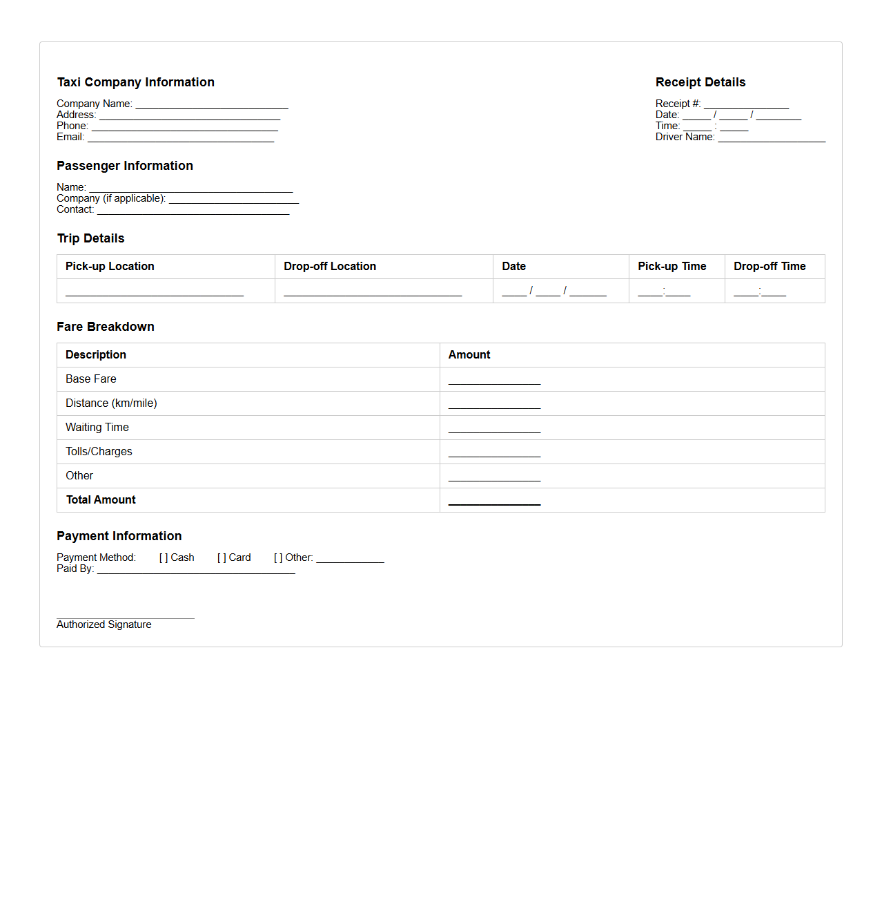 Taxi Service Receipt Template for Business Travel