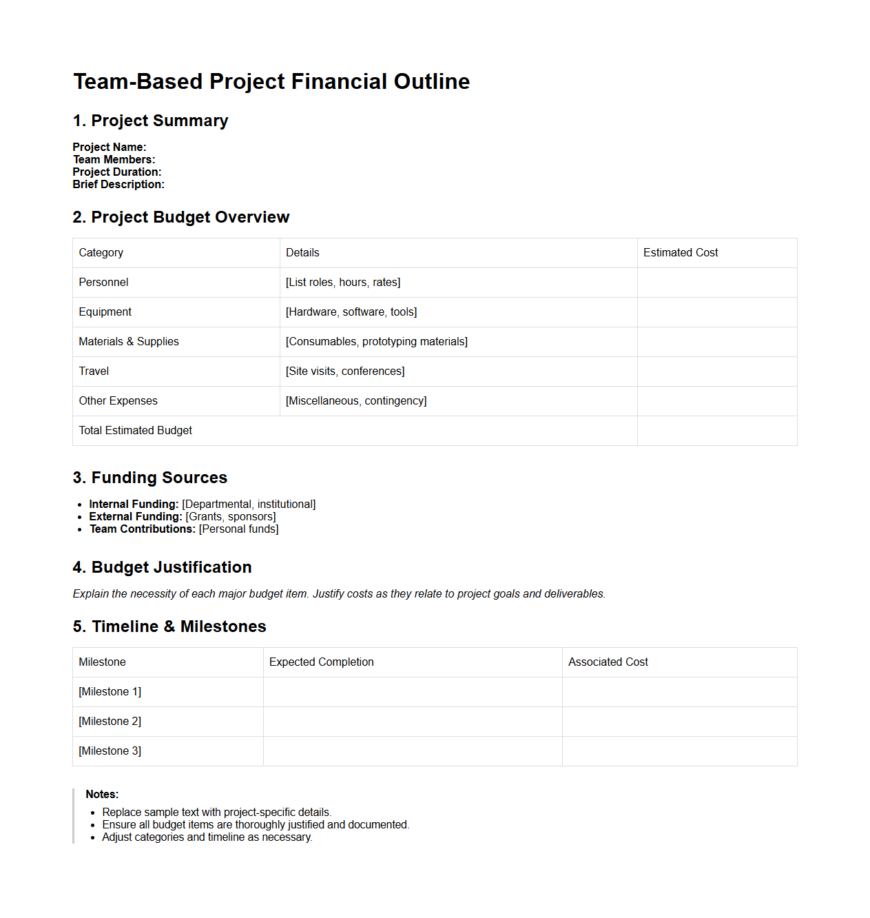 Team-Based Project Financial Outline