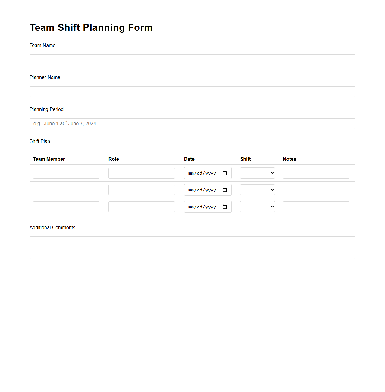Team Shift Planning Form