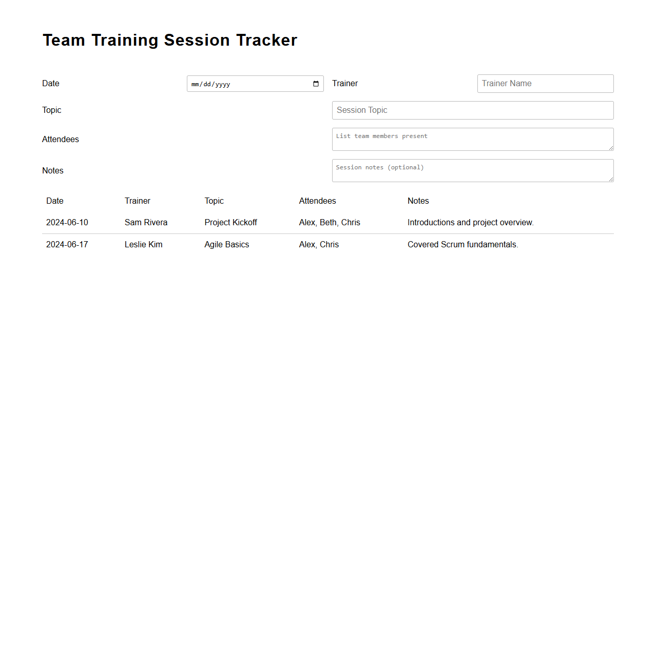 Team Training Session Tracker