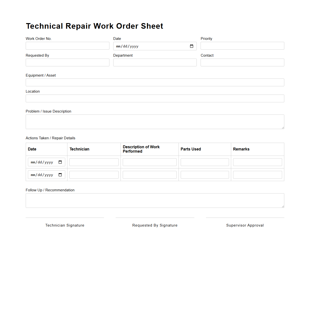 Technical Repair Work Order Sheet