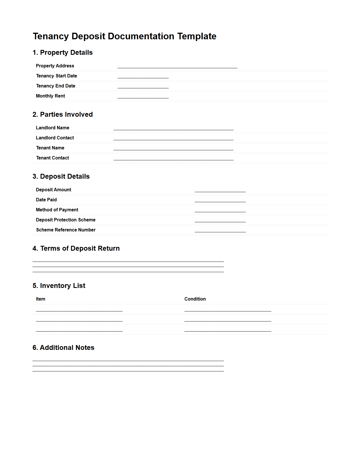 Tenancy Deposit Documentation Template