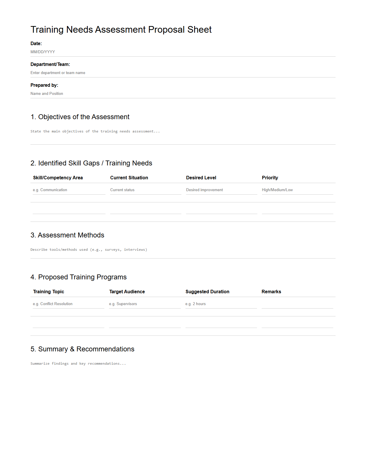 Training Needs Assessment Proposal Sheet