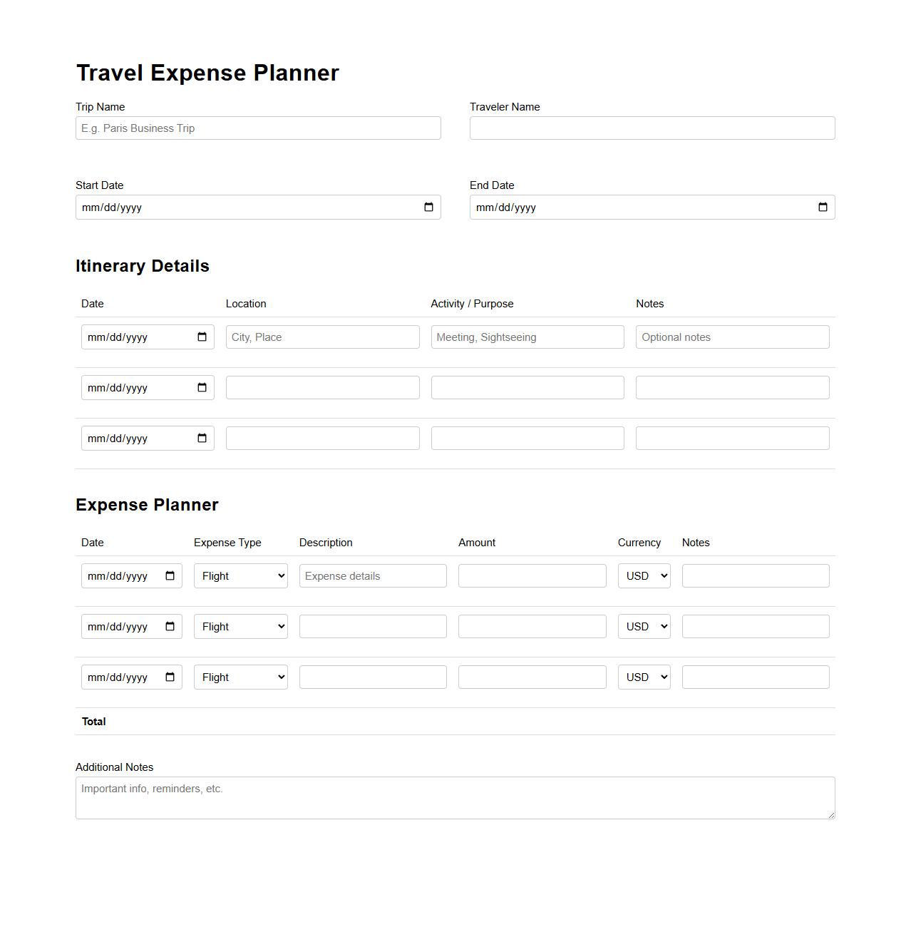 Travel Expense Planner Template for Itinerary Management