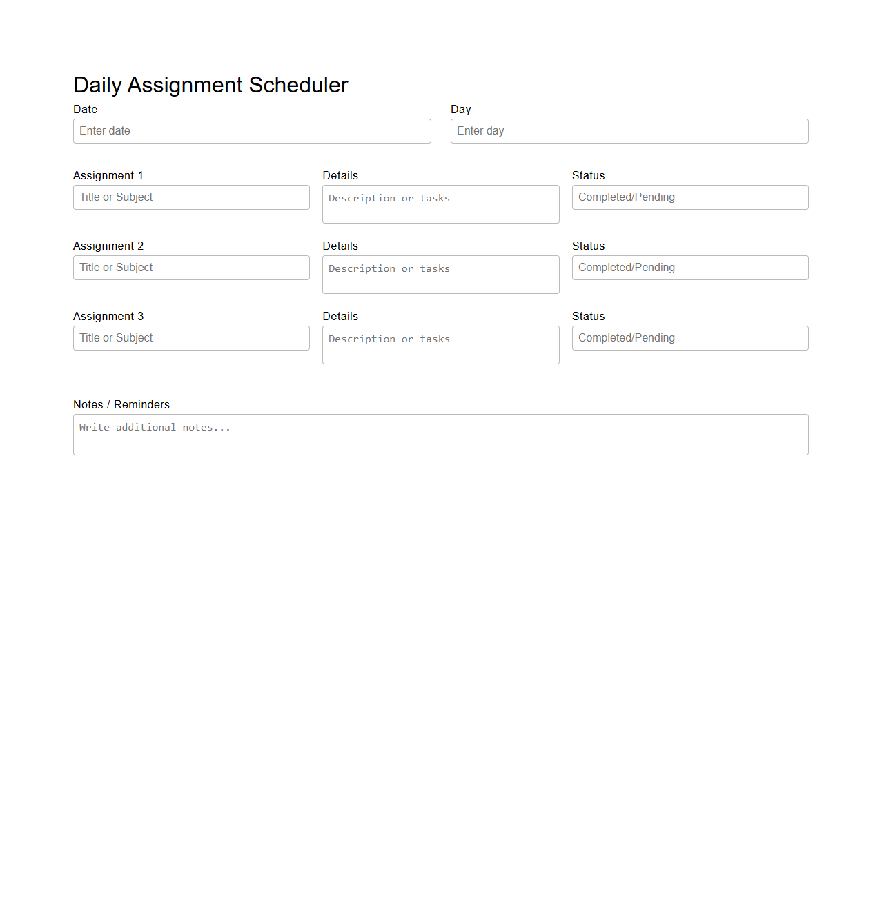 Undated Daily Assignment Scheduler