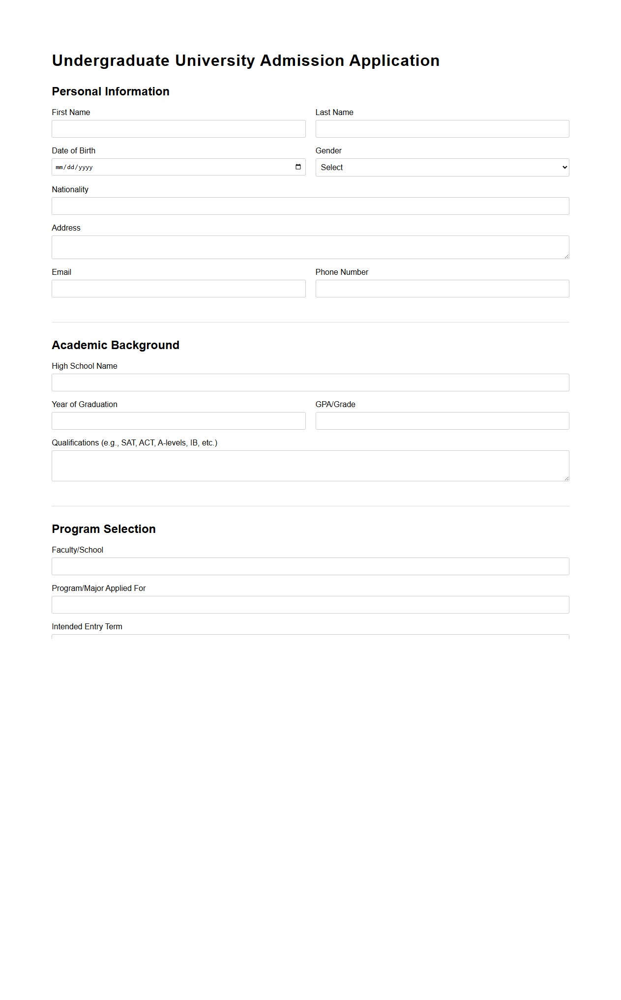 Undergraduate University Admission Application Form Template