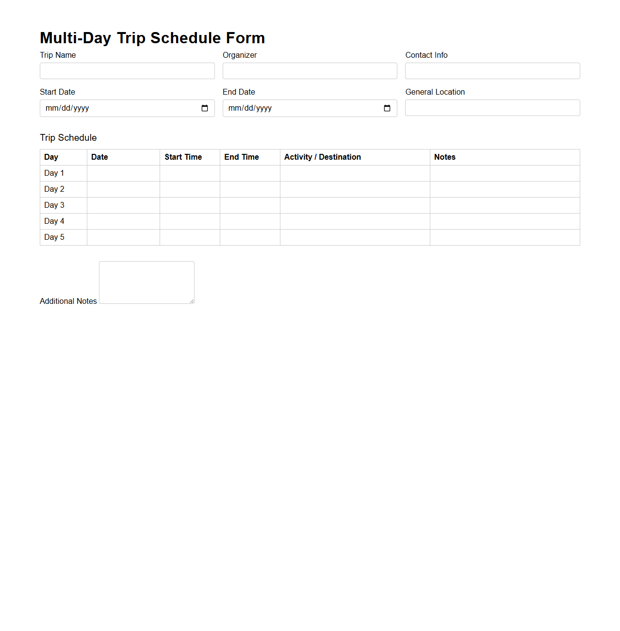 Unfilled Multi-Day Trip Schedule Form