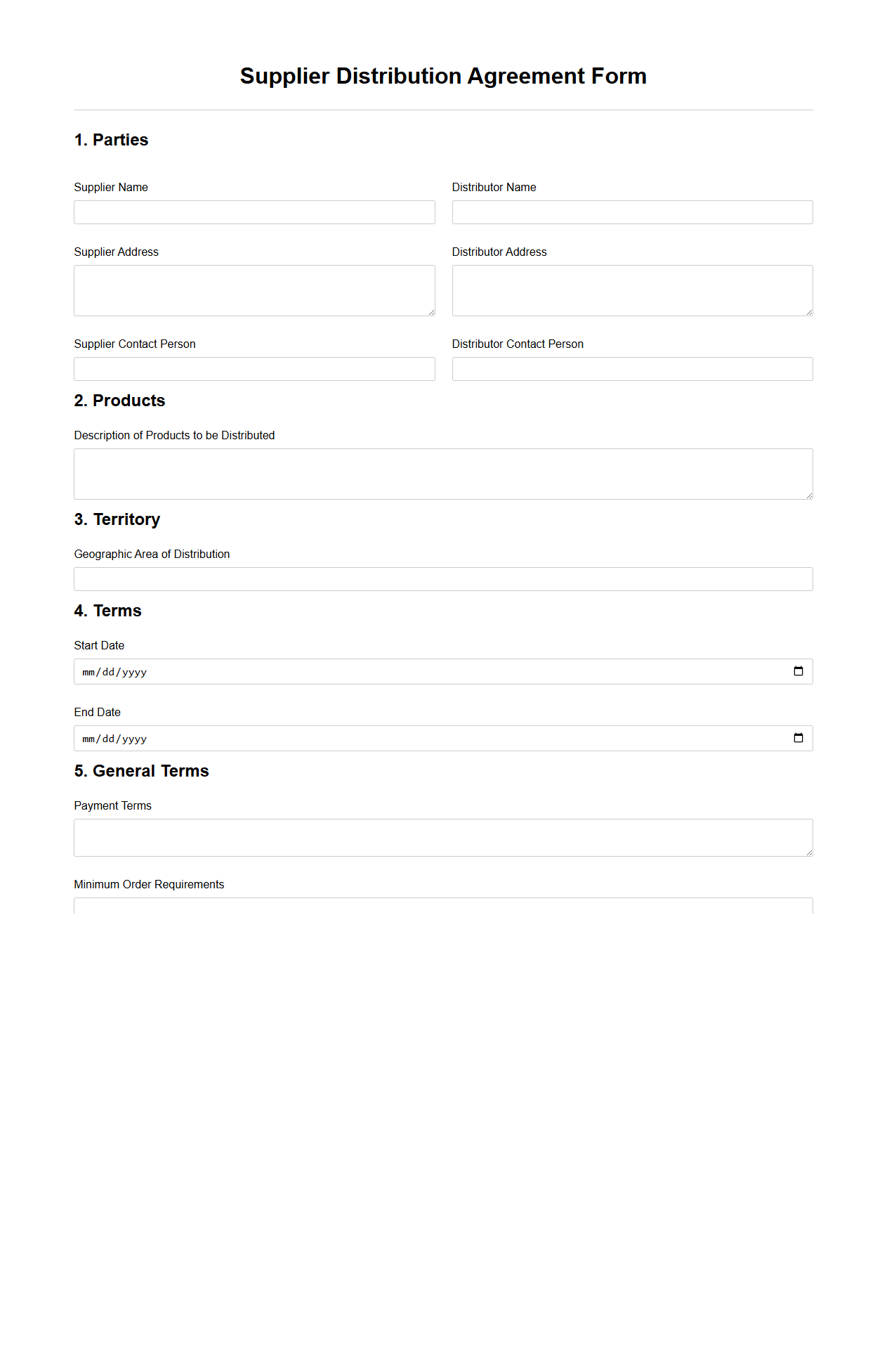 Unfilled Supplier Distribution Agreement Form