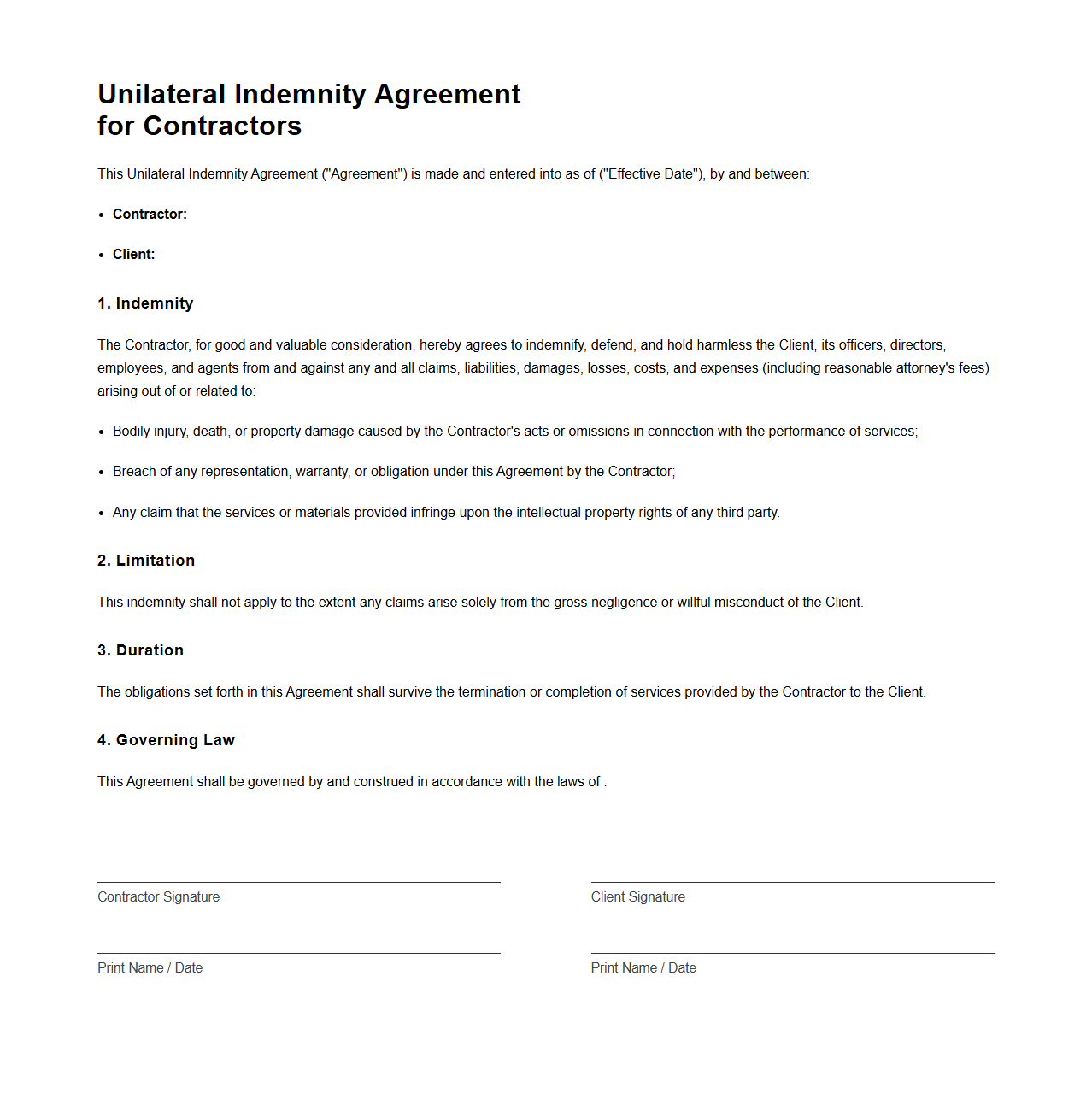 Unilateral Indemnity Agreement for Contractors