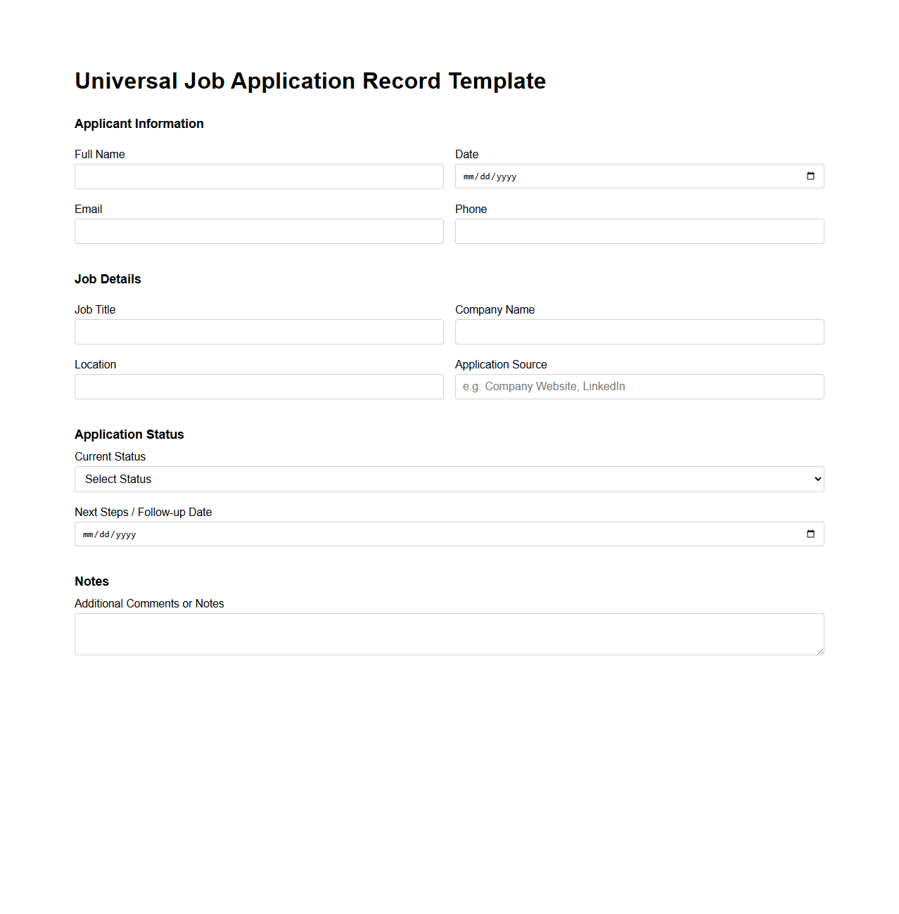 Universal Job Application Record Template