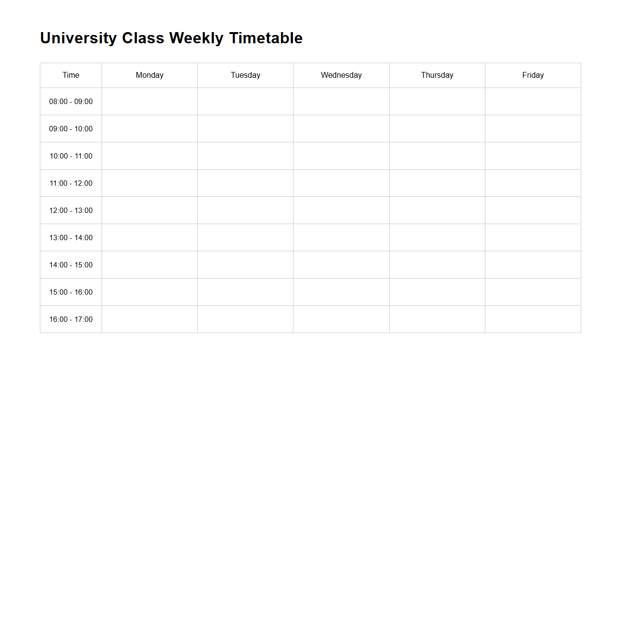 University Class Weekly Timetable Template