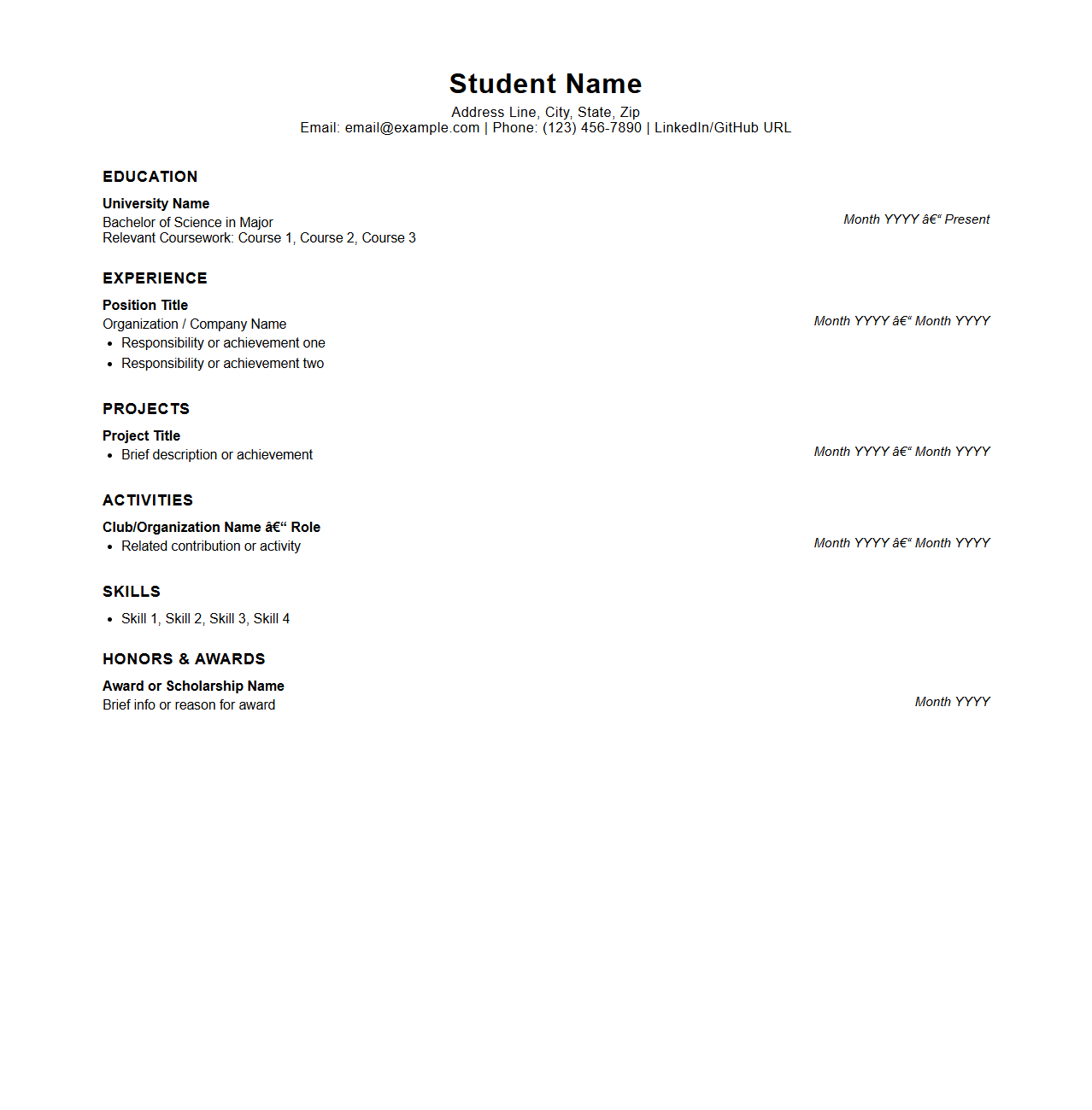 University Student Resume Structure