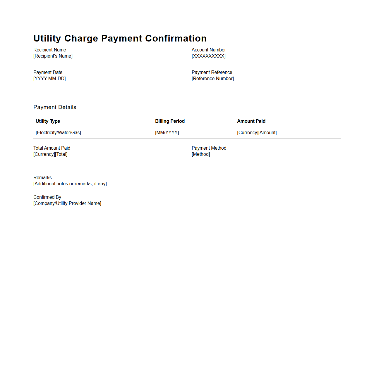Utility Charge Payment Confirmation Template