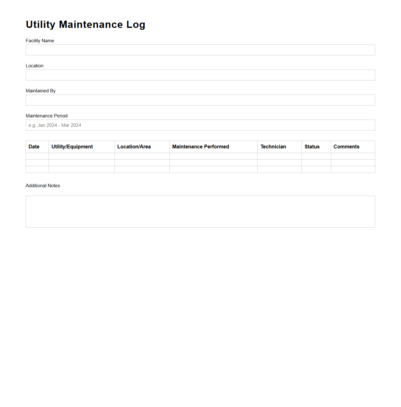 Utility Maintenance Log Template for Facilities