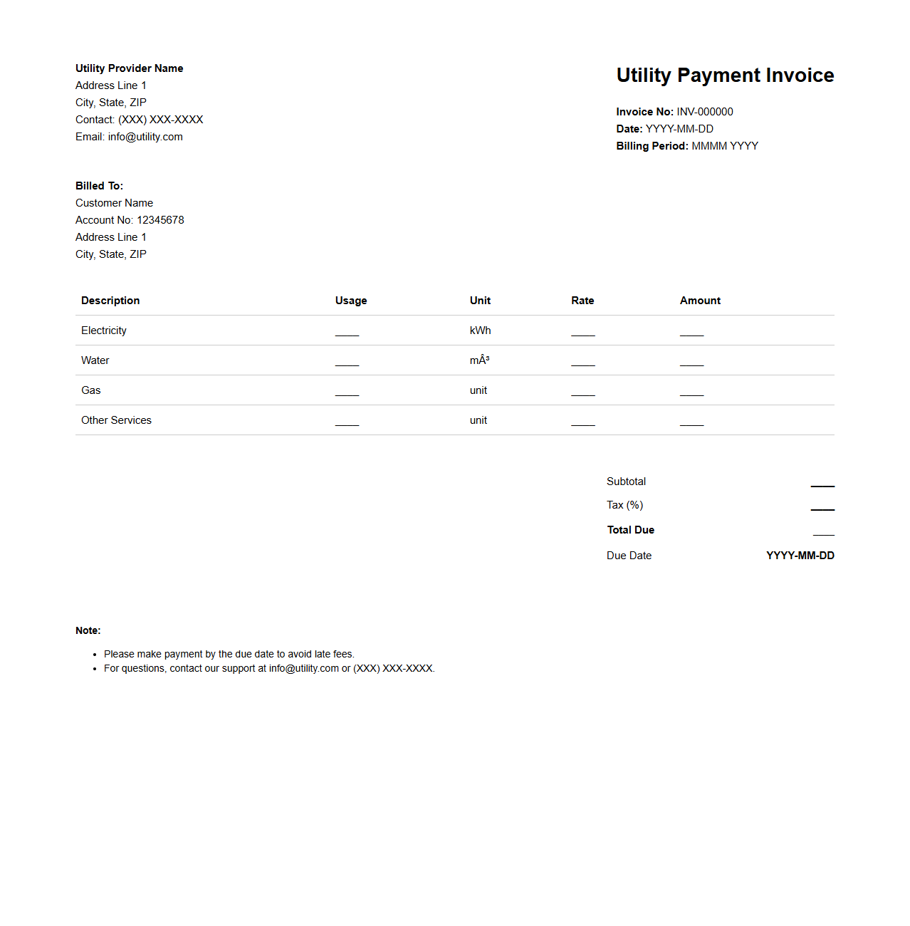 Utility Payment Invoice Template for Monthly Settlements