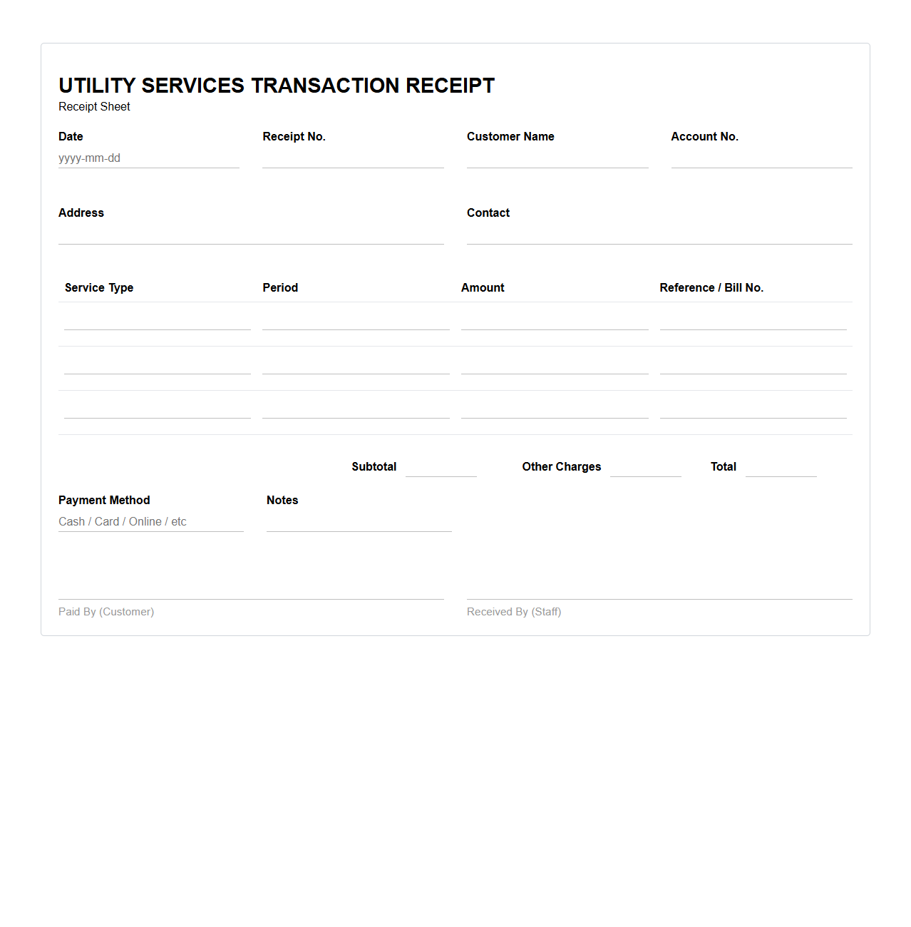 Utility Services Transaction Receipt Sheet