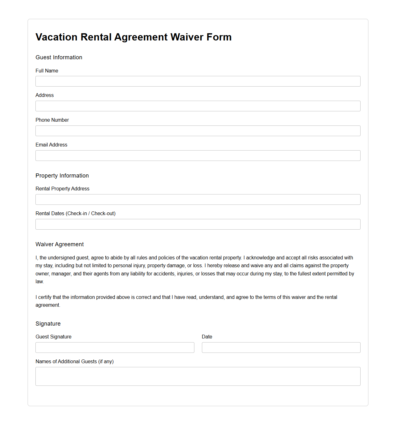Vacation Rental Agreement Waiver Form
