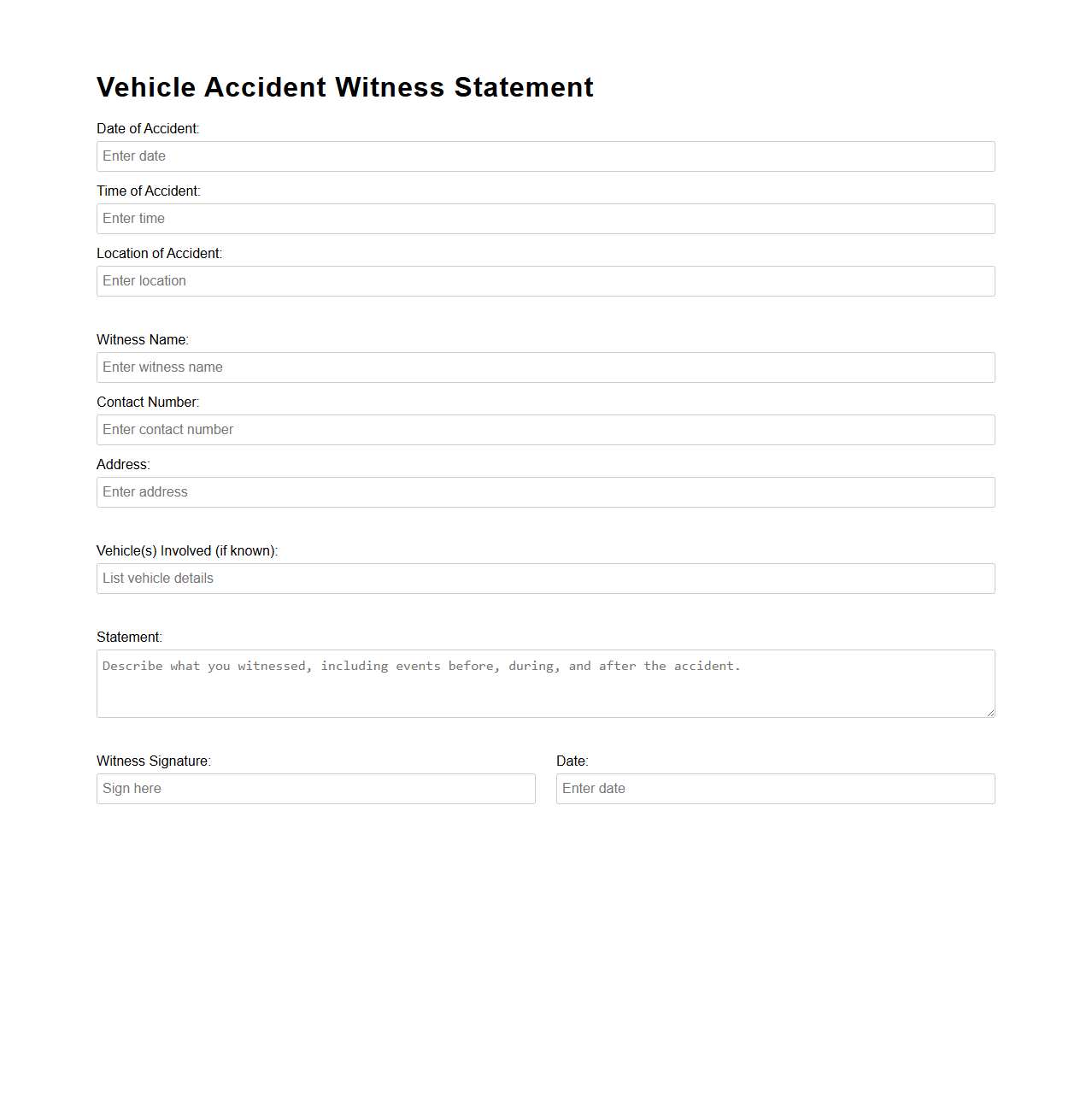 Vehicle Accident Witness Statement Template