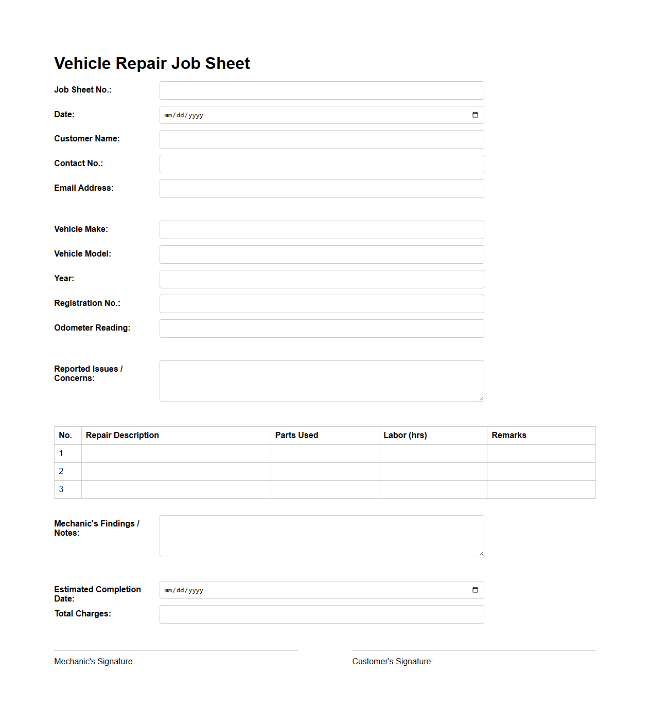 Vehicle Repair Job Sheet Template