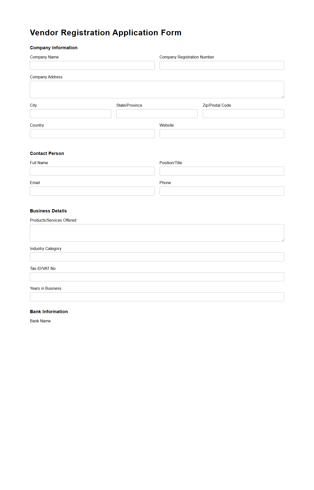 Vendor Registration Application Form Template