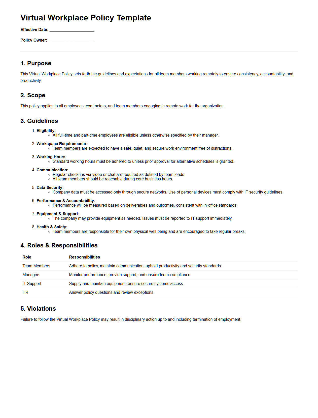 Virtual Workplace Policy Template for Teams
