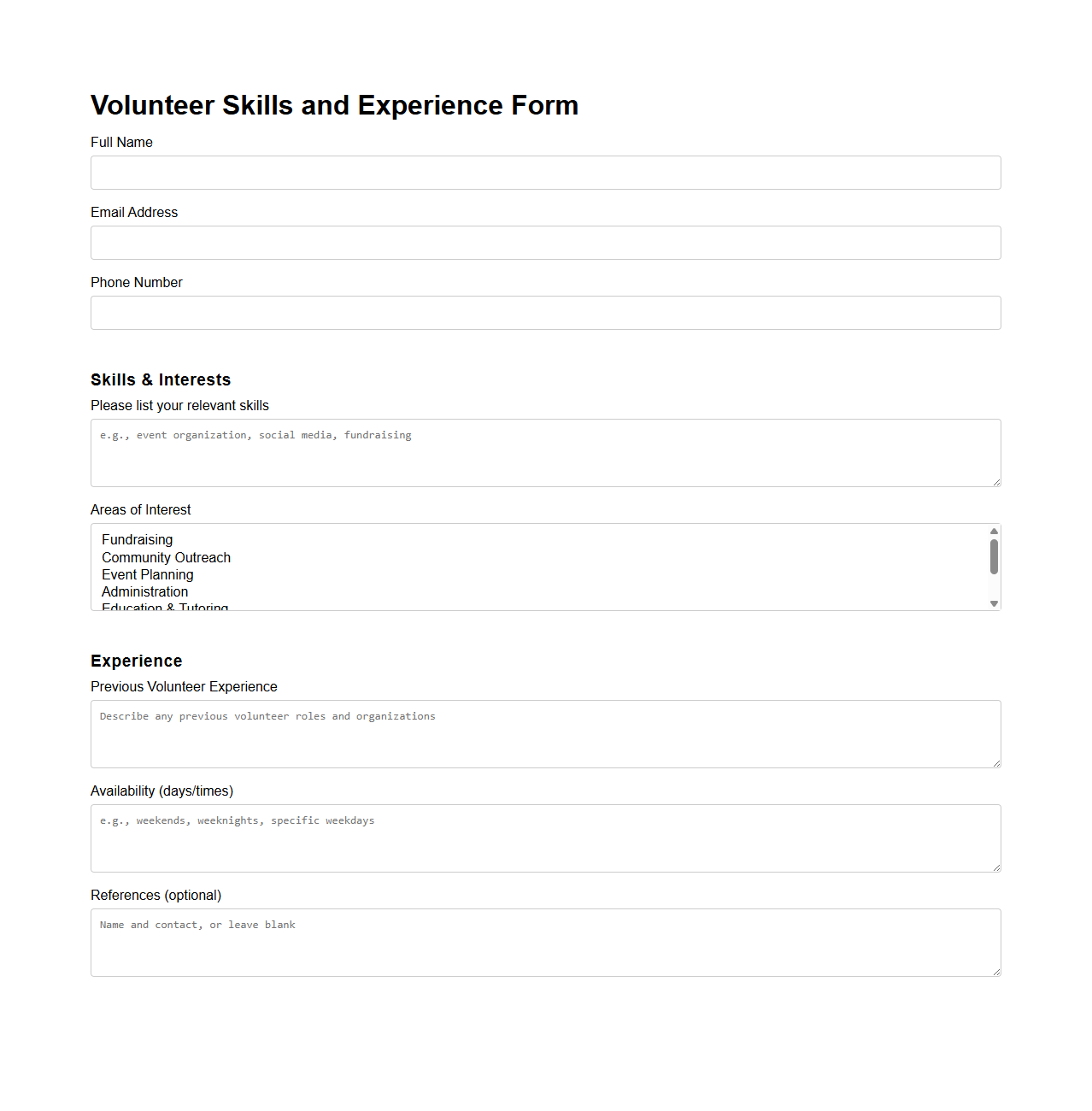 Volunteer Skills and Experience Form for Charitable Organizations