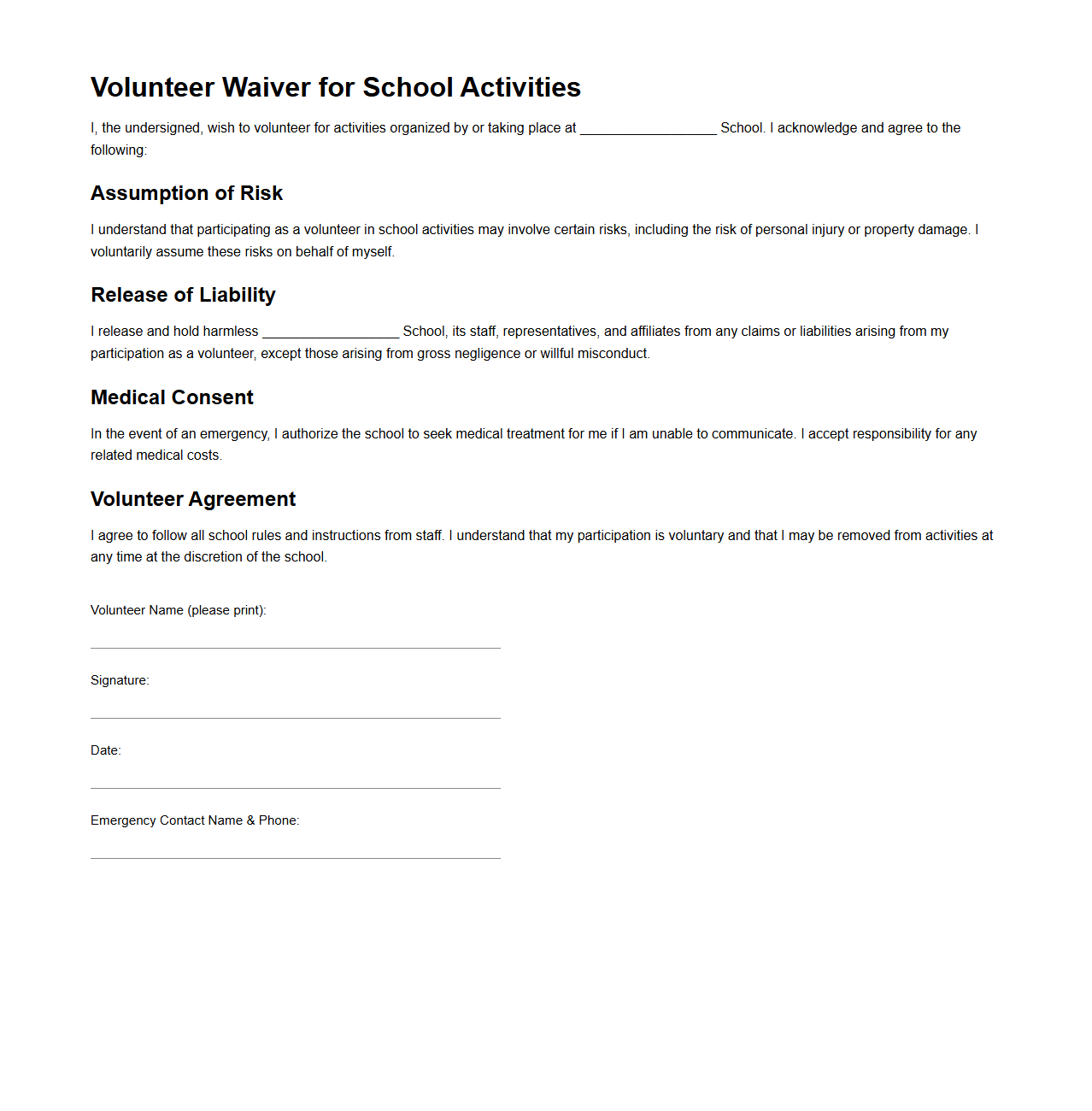 Volunteer Waiver for School Activities