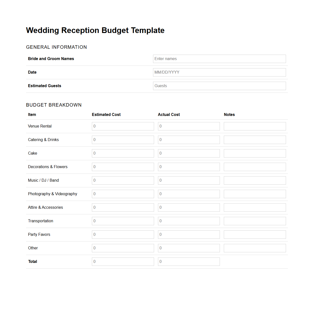 Wedding Reception Budget Template