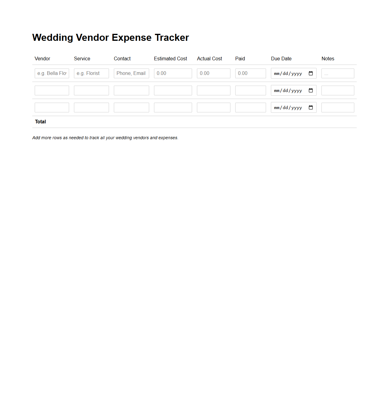 Wedding Vendor Expense Tracker