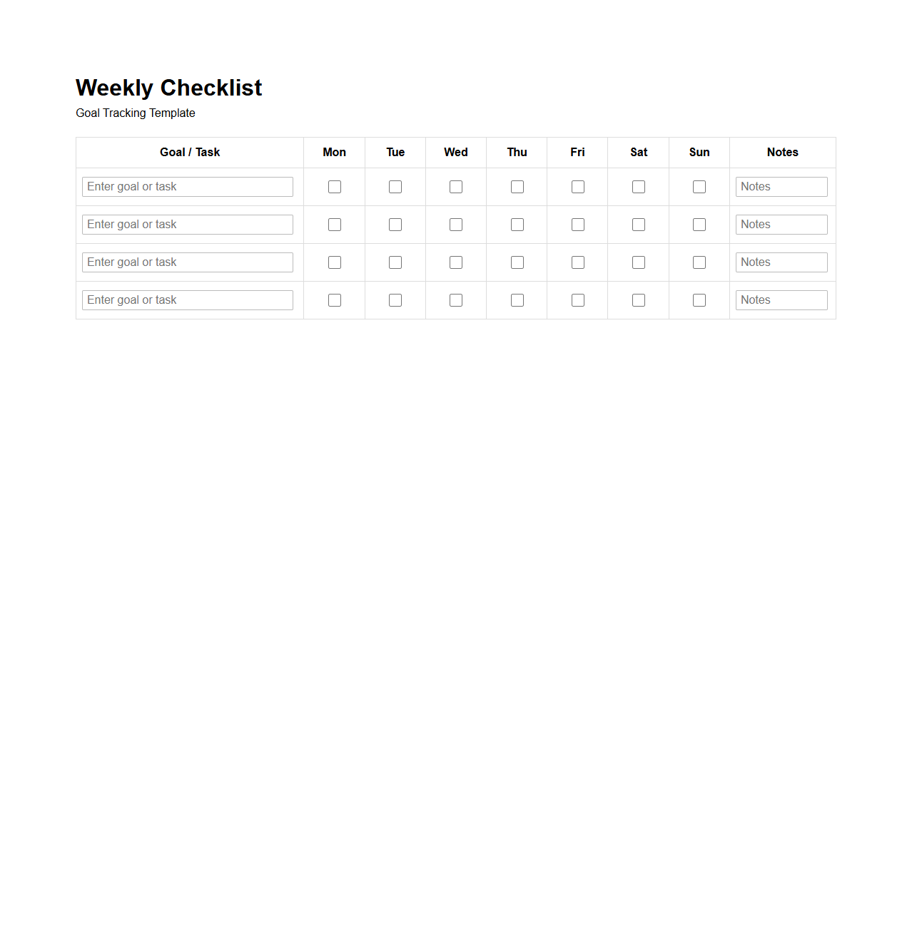 Weekly Checklist Template for Goal Tracking