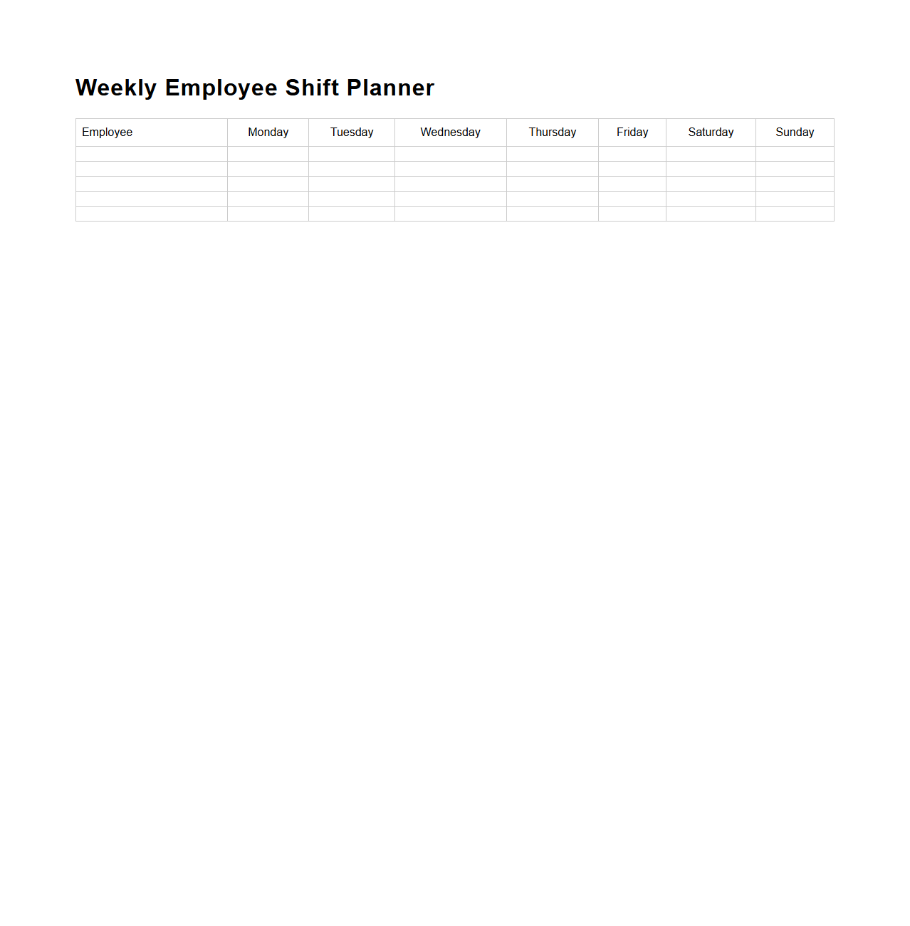Weekly Employee Shift Planner Template for Managers