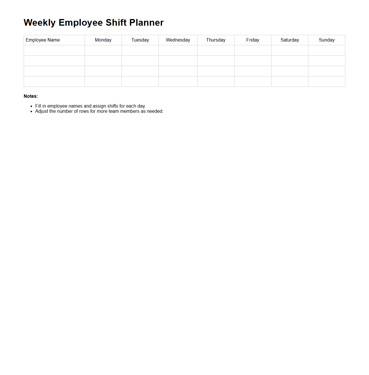 Weekly Employee Shift Planner Template for Teams